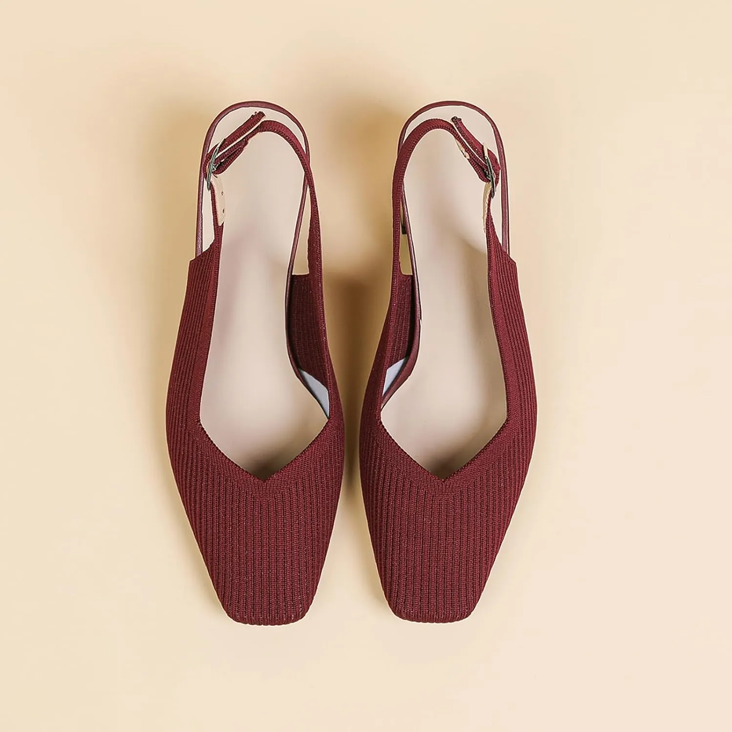 Women's Knit Slingback Heels Pumps with Adjust Ankle Strap Fashion Breathable Closed Square Toe Chunky Heel Mules Sandals Work Office Wedding Dressy Shoes