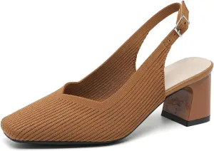 Women's Knit Slingback Heels Pumps with Adjust Ankle Strap Fashion Breathable Closed Square Toe Chunky Heel Mules Sandals Work Office Wedding Dressy Shoes