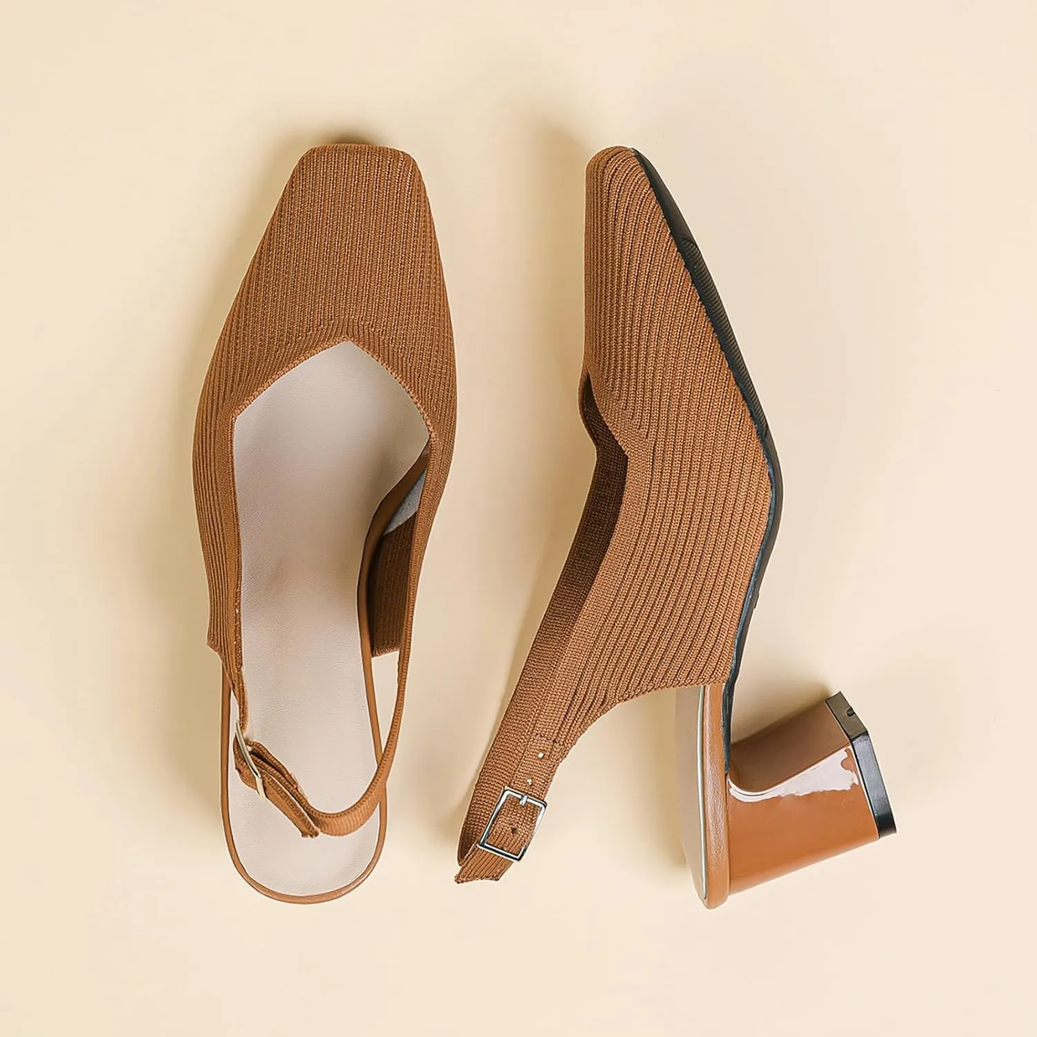 Women's Knit Slingback Heels Pumps with Adjust Ankle Strap Fashion Breathable Closed Square Toe Chunky Heel Mules Sandals Work Office Wedding Dressy Shoes