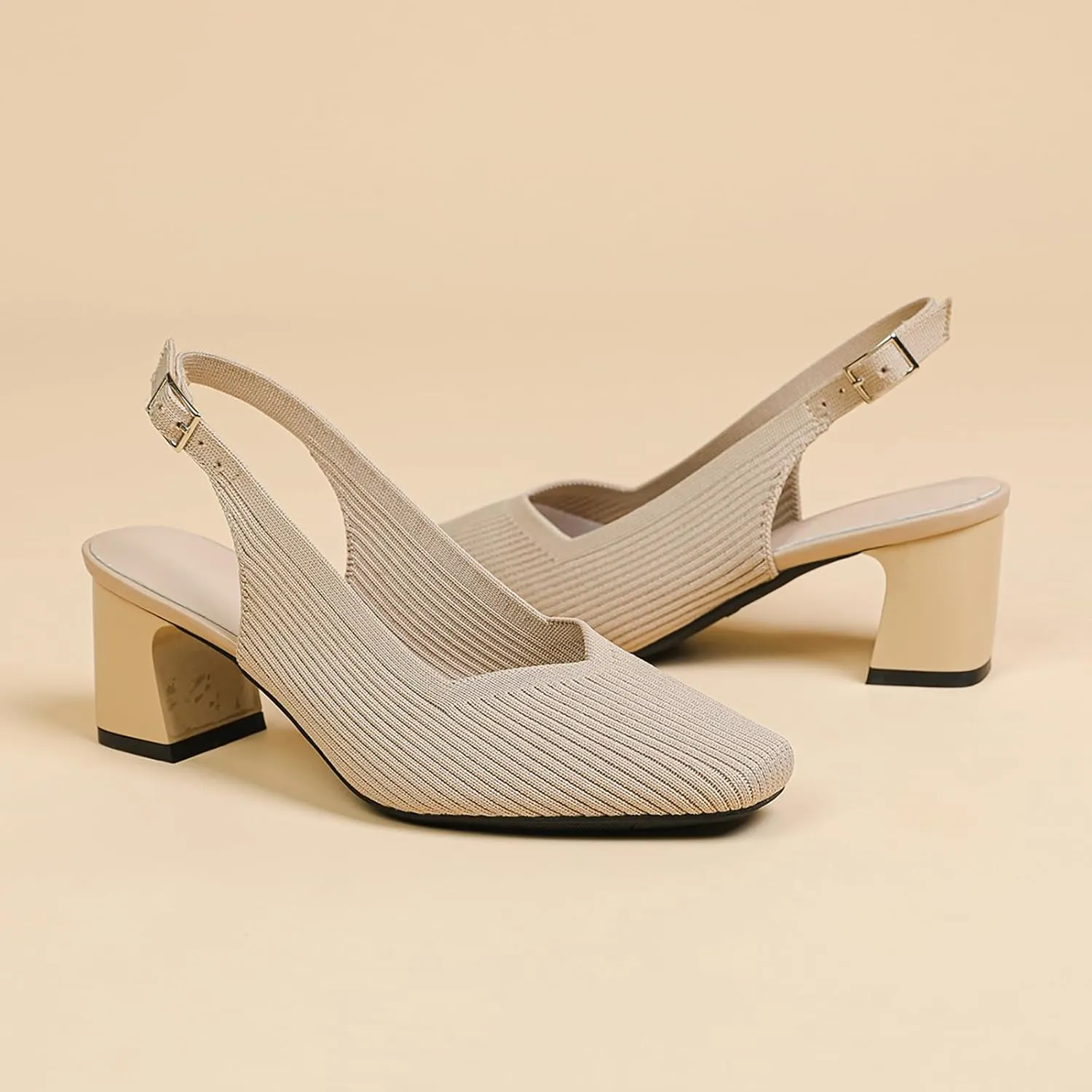Women's Knit Slingback Heels Pumps with Adjust Ankle Strap Fashion Breathable Closed Square Toe Chunky Heel Mules Sandals Work Office Wedding Dressy Shoes
