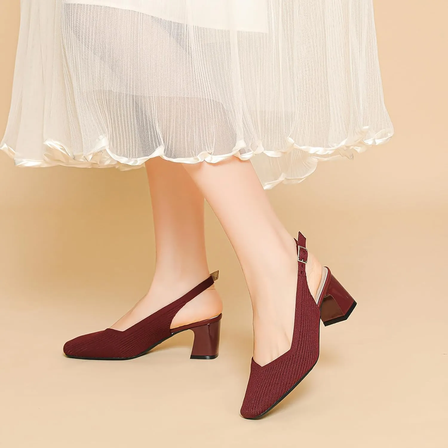 Women's Knit Slingback Heels Pumps with Adjust Ankle Strap Fashion Breathable Closed Square Toe Chunky Heel Mules Sandals Work Office Wedding Dressy Shoes