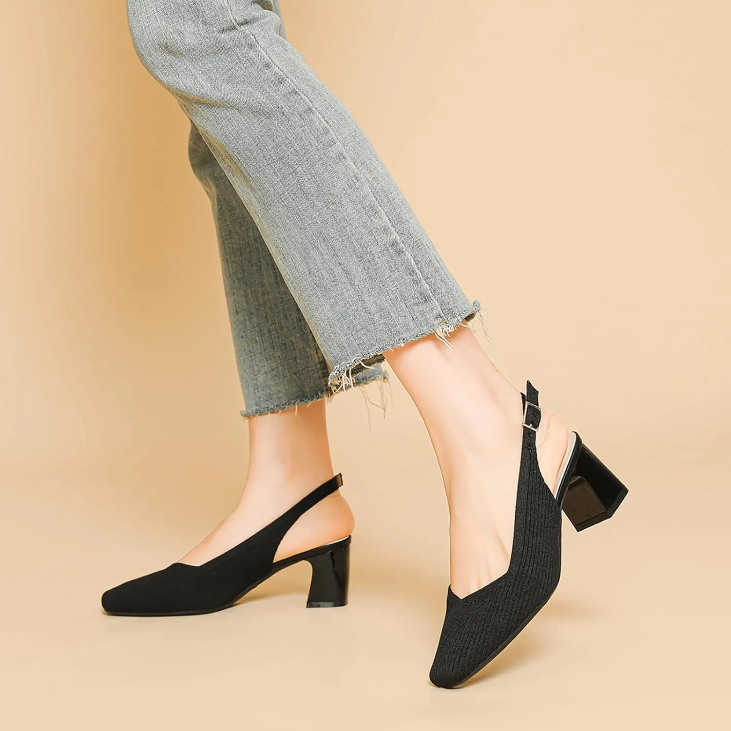 Women's Knit Slingback Heels Pumps with Adjust Ankle Strap Fashion Breathable Closed Square Toe Chunky Heel Mules Sandals Work Office Wedding Dressy Shoes