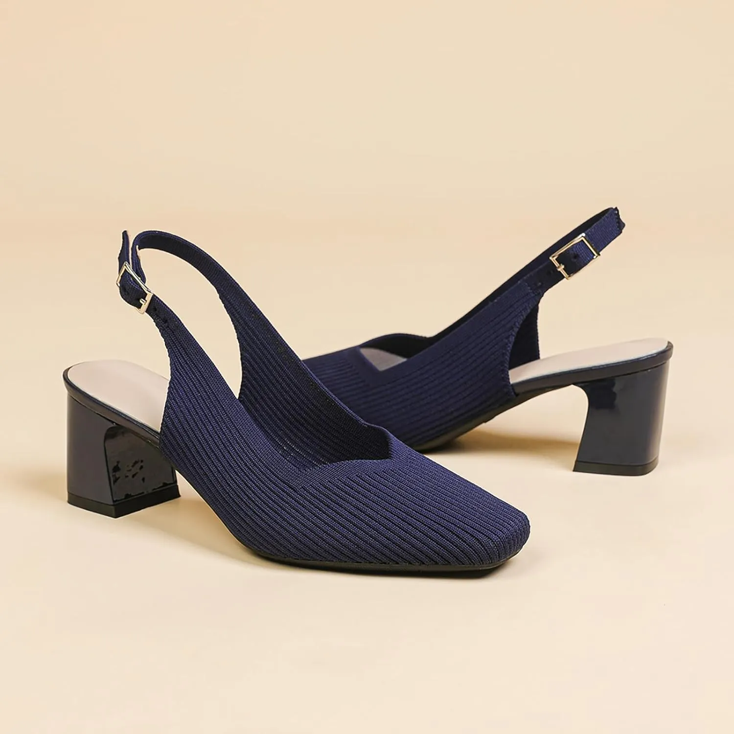 Women's Knit Slingback Heels Pumps with Adjust Ankle Strap Fashion Breathable Closed Square Toe Chunky Heel Mules Sandals Work Office Wedding Dressy Shoes