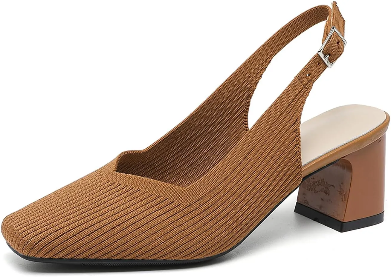 Women's Knit Slingback Heels Pumps with Adjust Ankle Strap Fashion Breathable Closed Square Toe Chunky Heel Mules Sandals Work Office Wedding Dressy Shoes