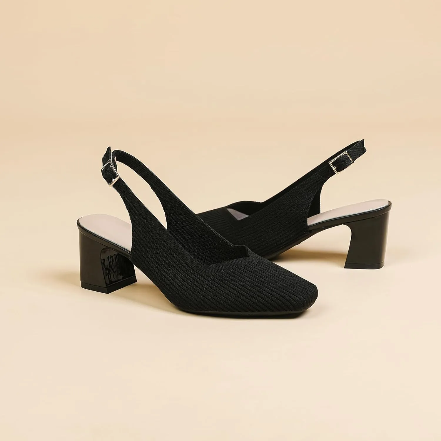 Women's Knit Slingback Heels Pumps with Adjust Ankle Strap Fashion Breathable Closed Square Toe Chunky Heel Mules Sandals Work Office Wedding Dressy Shoes