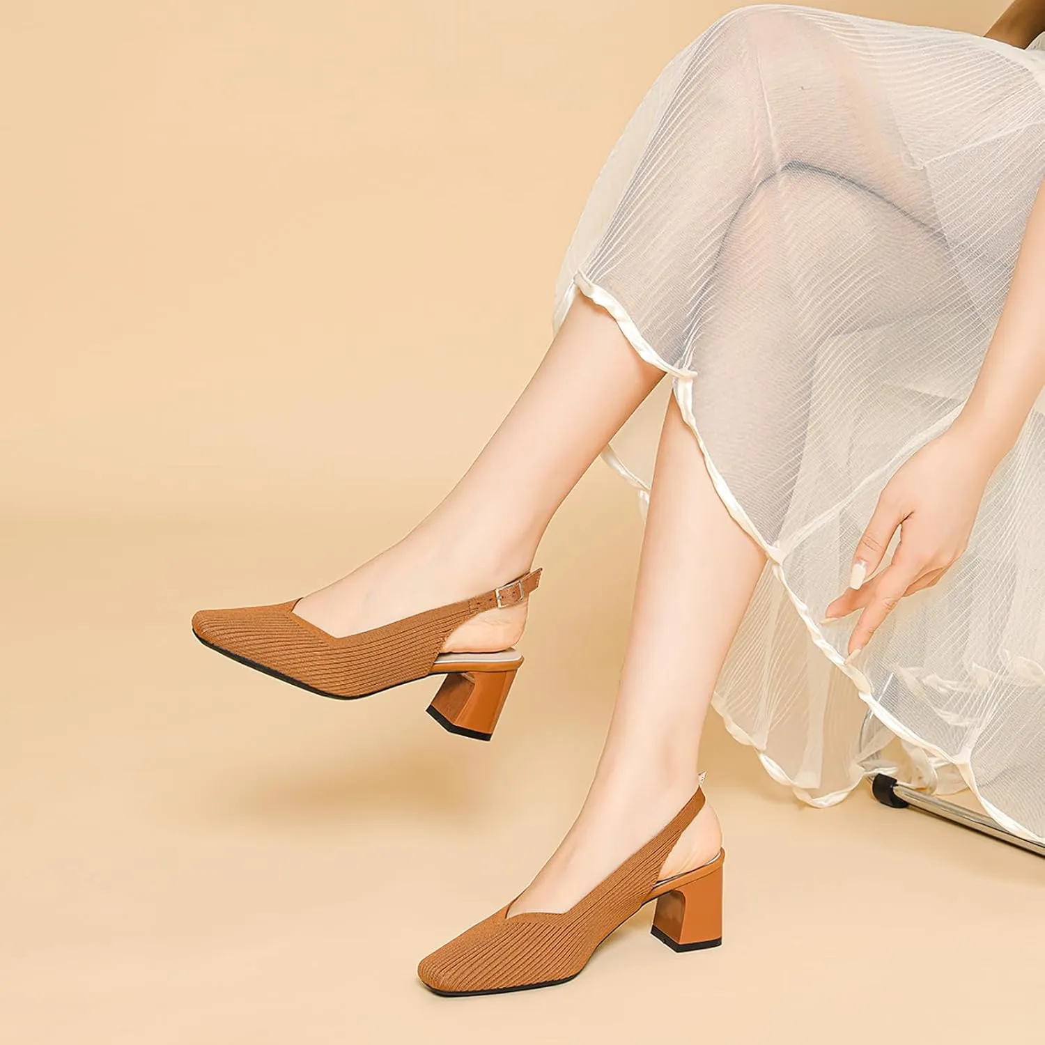 Women's Knit Slingback Heels Pumps with Adjust Ankle Strap Fashion Breathable Closed Square Toe Chunky Heel Mules Sandals Work Office Wedding Dressy Shoes