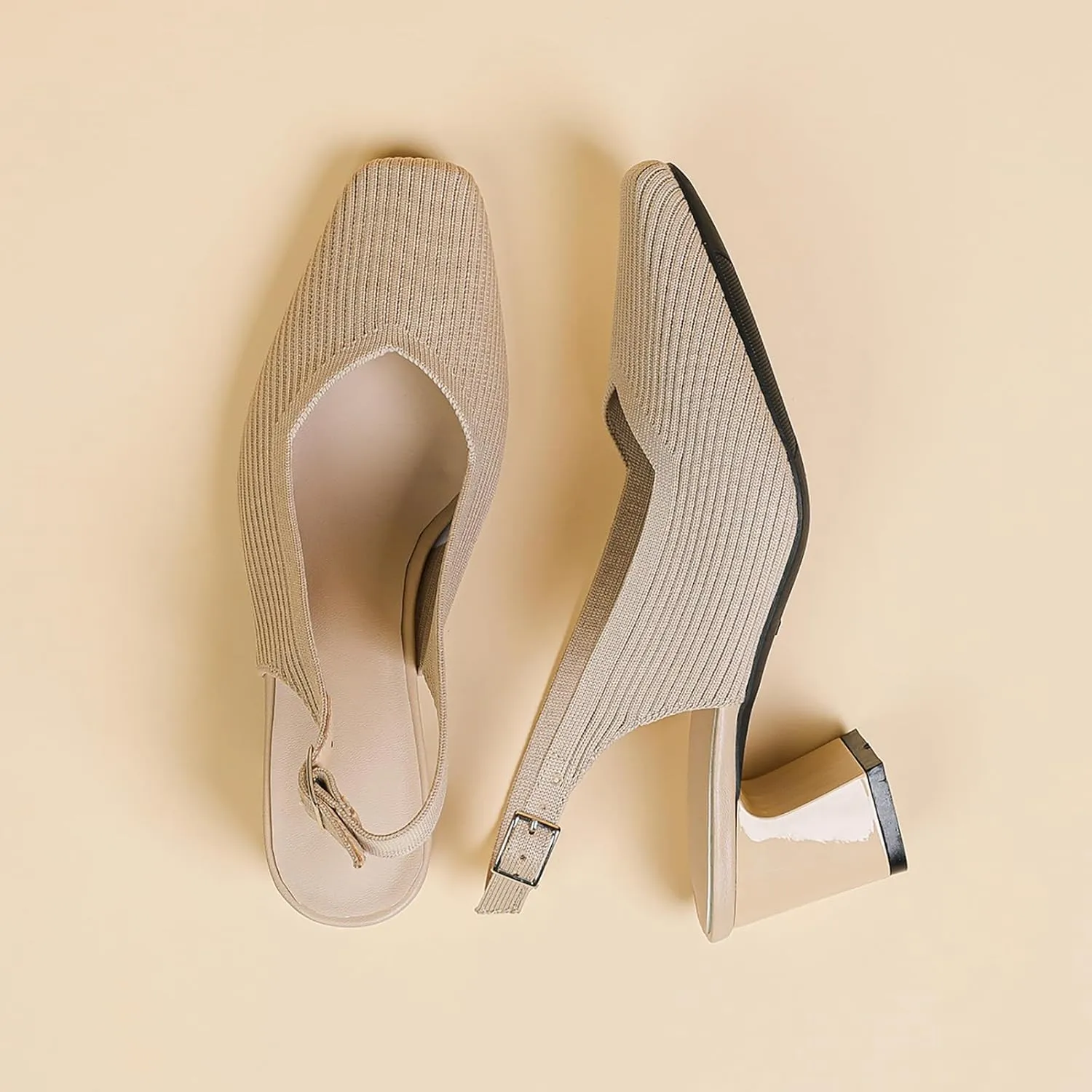 Women's Knit Slingback Heels Pumps with Adjust Ankle Strap Fashion Breathable Closed Square Toe Chunky Heel Mules Sandals Work Office Wedding Dressy Shoes