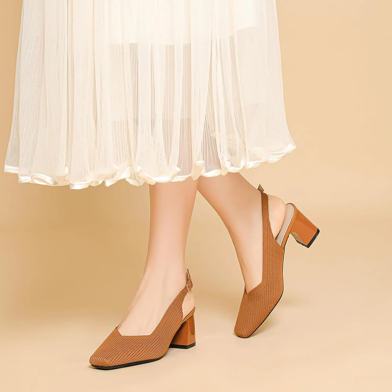Women's Knit Slingback Heels Pumps with Adjust Ankle Strap Fashion Breathable Closed Square Toe Chunky Heel Mules Sandals Work Office Wedding Dressy Shoes