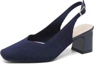 Women's Knit Slingback Heels Pumps with Adjust Ankle Strap Fashion Breathable Closed Square Toe Chunky Heel Mules Sandals Work Office Wedding Dressy Shoes