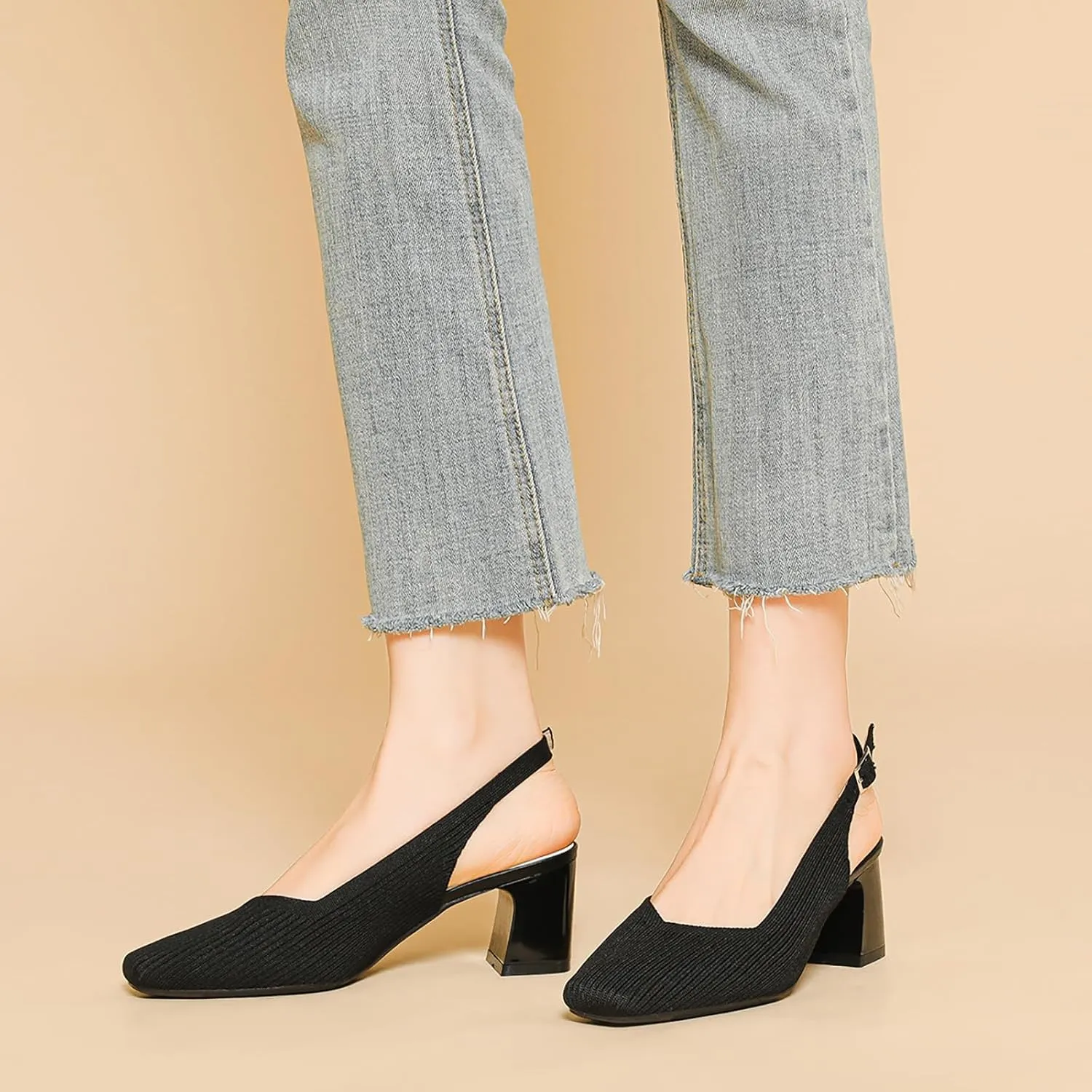 Women's Knit Slingback Heels Pumps with Adjust Ankle Strap Fashion Breathable Closed Square Toe Chunky Heel Mules Sandals Work Office Wedding Dressy Shoes