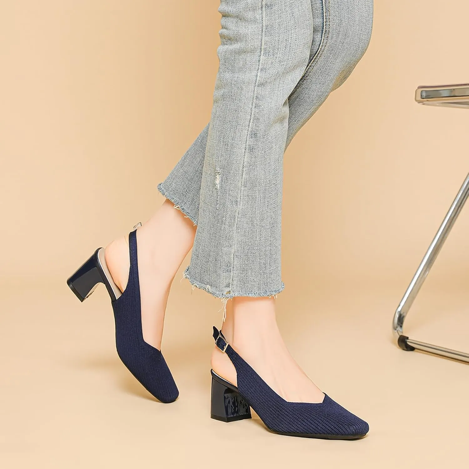 Women's Knit Slingback Heels Pumps with Adjust Ankle Strap Fashion Breathable Closed Square Toe Chunky Heel Mules Sandals Work Office Wedding Dressy Shoes