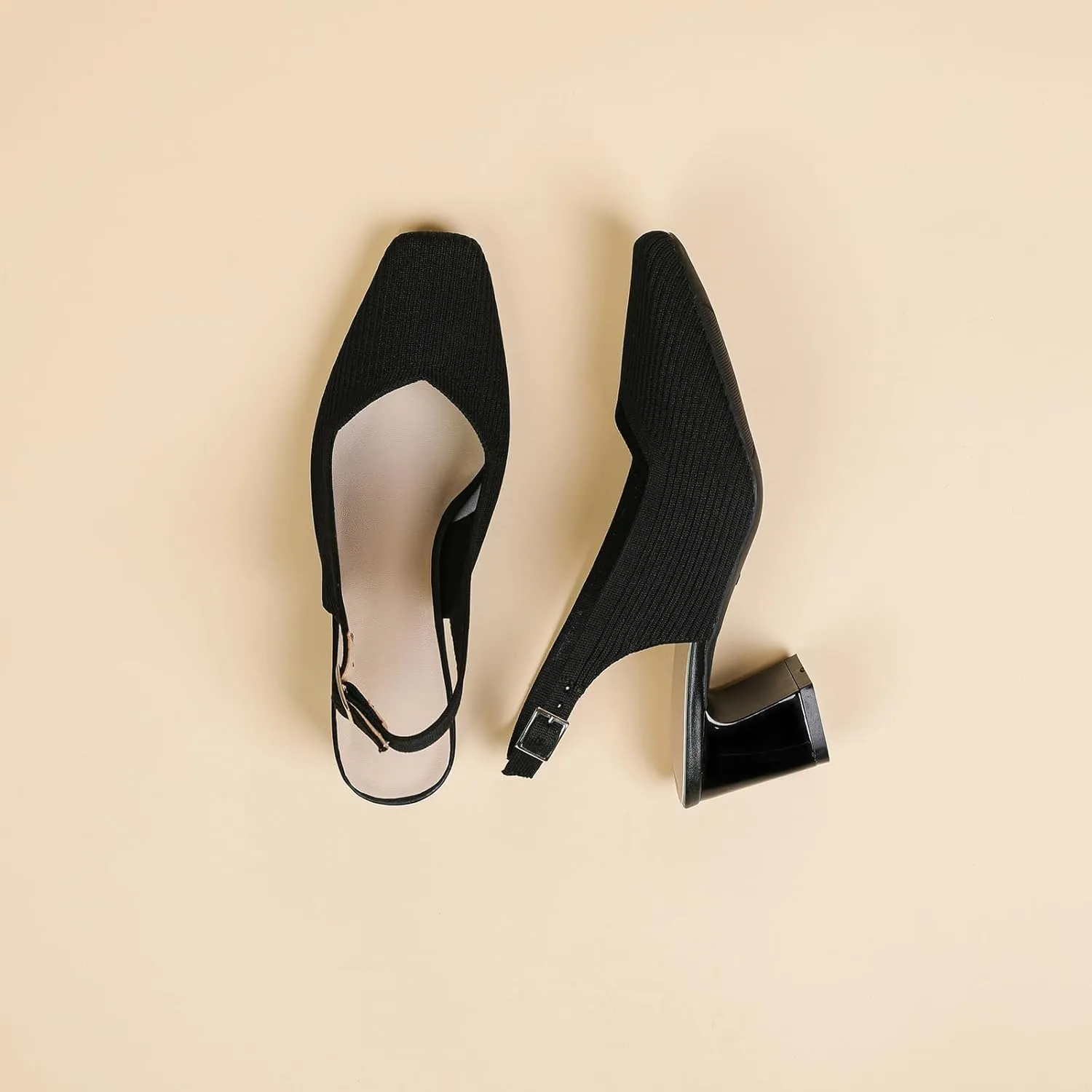Women's Knit Slingback Heels Pumps with Adjust Ankle Strap Fashion Breathable Closed Square Toe Chunky Heel Mules Sandals Work Office Wedding Dressy Shoes