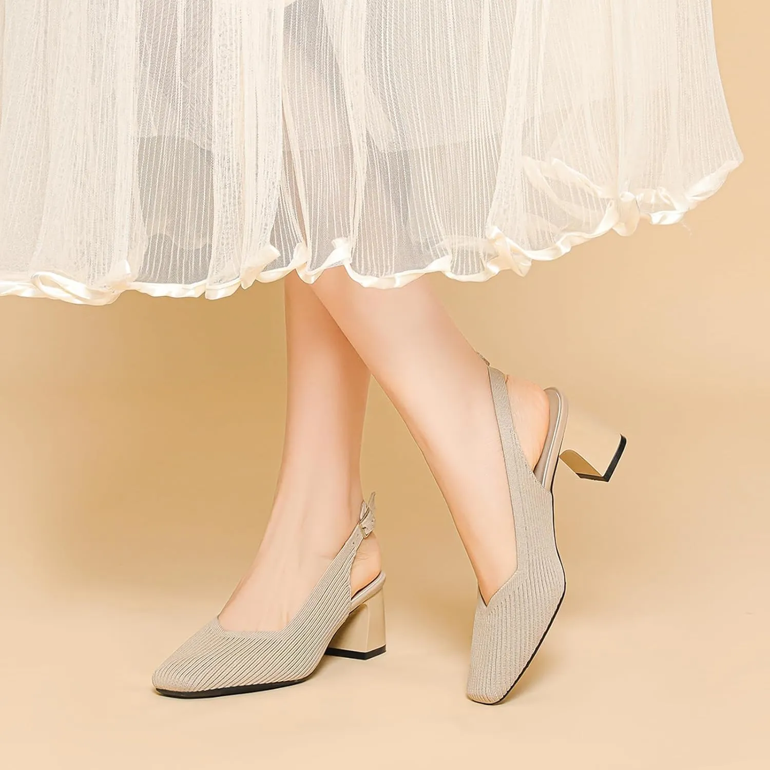 Women's Knit Slingback Heels Pumps with Adjust Ankle Strap Fashion Breathable Closed Square Toe Chunky Heel Mules Sandals Work Office Wedding Dressy Shoes