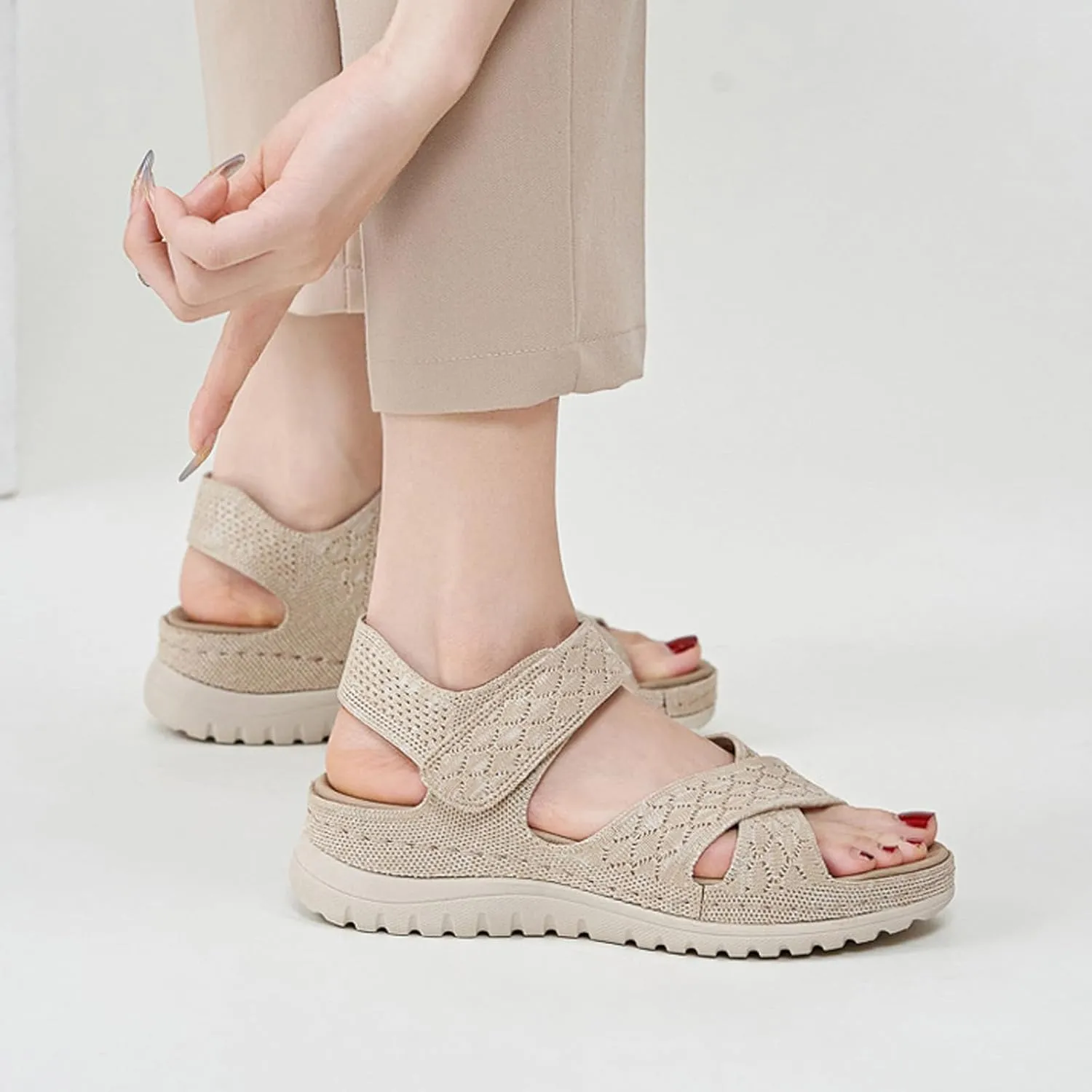 Women's Knitted Mesh Platform Walking Sandals with Arch Support Adjustable Hook and Loop Open Toe Breathable Soft Sole Mam Sandals Lightweight Non-Slip Casual Beach Sandals
