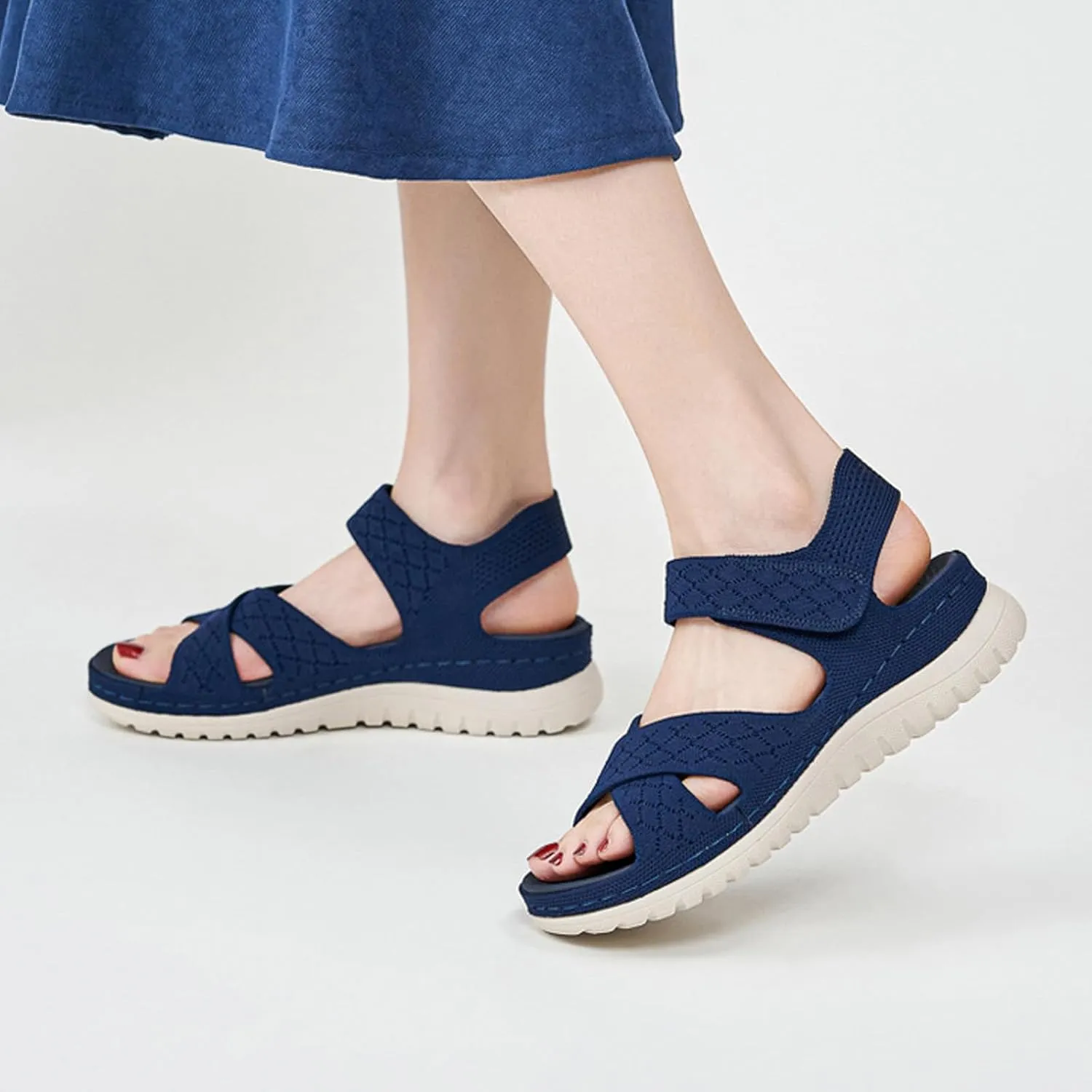 Women's Knitted Mesh Platform Walking Sandals with Arch Support Adjustable Hook and Loop Open Toe Breathable Soft Sole Mam Sandals Lightweight Non-Slip Casual Beach Sandals