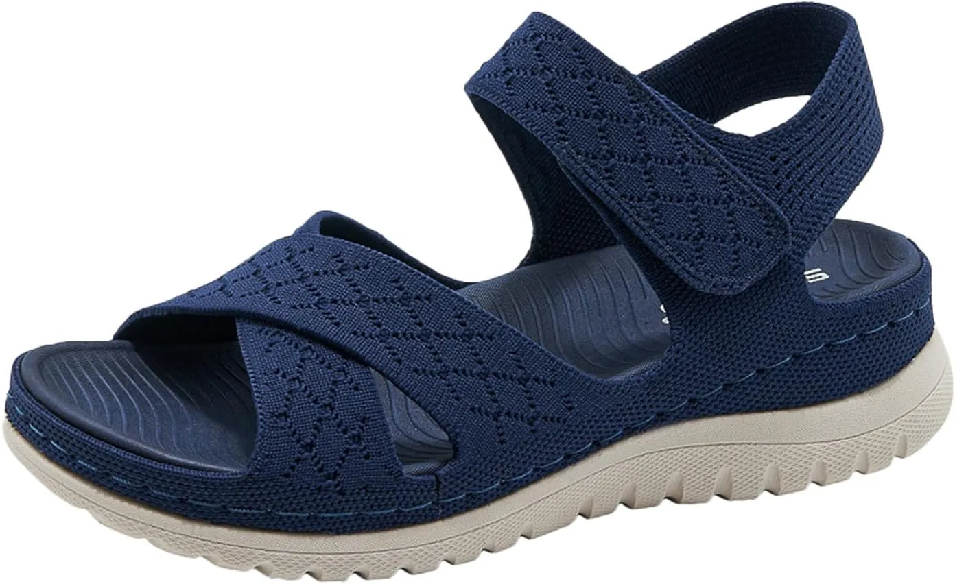 Women's Knitted Mesh Platform Walking Sandals with Arch Support Adjustable Hook and Loop Open Toe Breathable Soft Sole Mam Sandals Lightweight Non-Slip Casual Beach Sandals