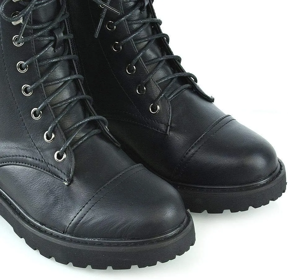 Womens Lace Up Ankle Boots Chunky Grip Sole Ladies Winter Retro Combat Goth Biker Militarty Army Shoes Booties