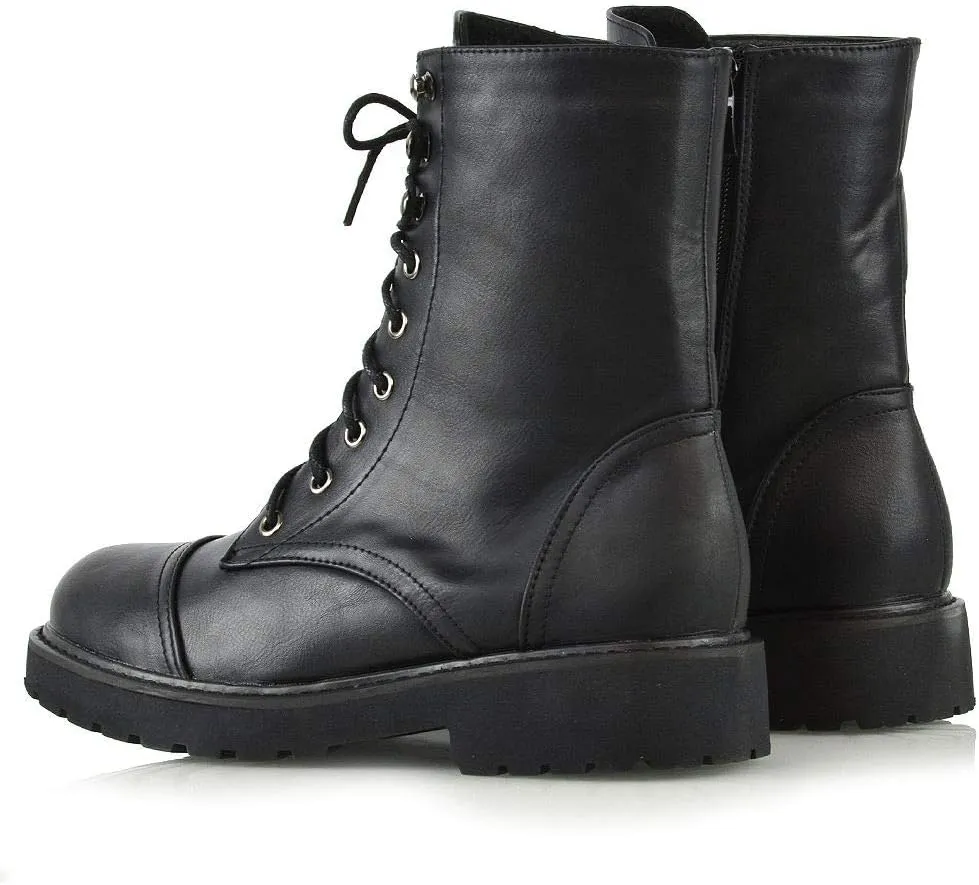 Womens Lace Up Ankle Boots Chunky Grip Sole Ladies Winter Retro Combat Goth Biker Militarty Army Shoes Booties