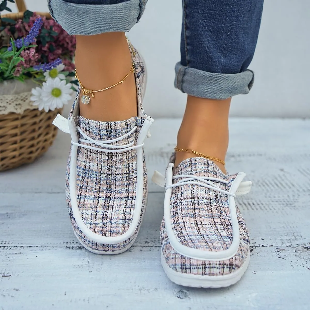 Womens Lace-Up Canvas Lightweight Boat Shoes Casual Comfortable Slip on Knit Loafers Outdoor Walking Low Top Wide Deck Shoes
