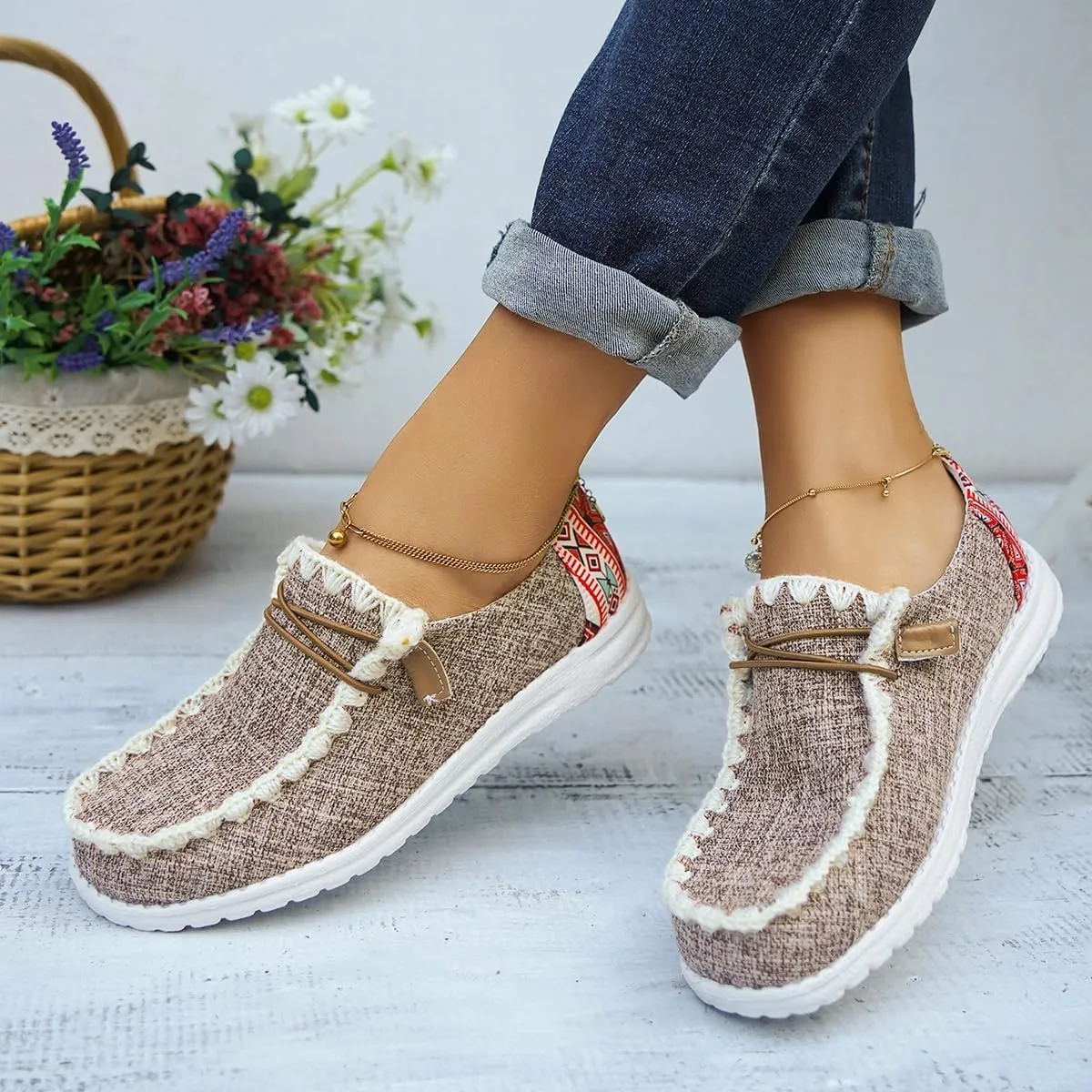 Womens Lace-Up Canvas Lightweight Boat Shoes Casual Comfortable Slip on Knit Loafers Outdoor Walking Low Top Wide Deck Shoes