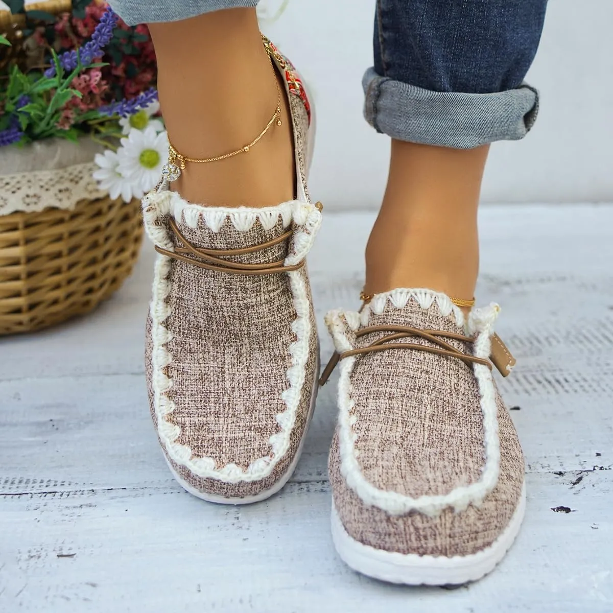 Womens Lace-Up Canvas Lightweight Boat Shoes Casual Comfortable Slip on Knit Loafers Outdoor Walking Low Top Wide Deck Shoes