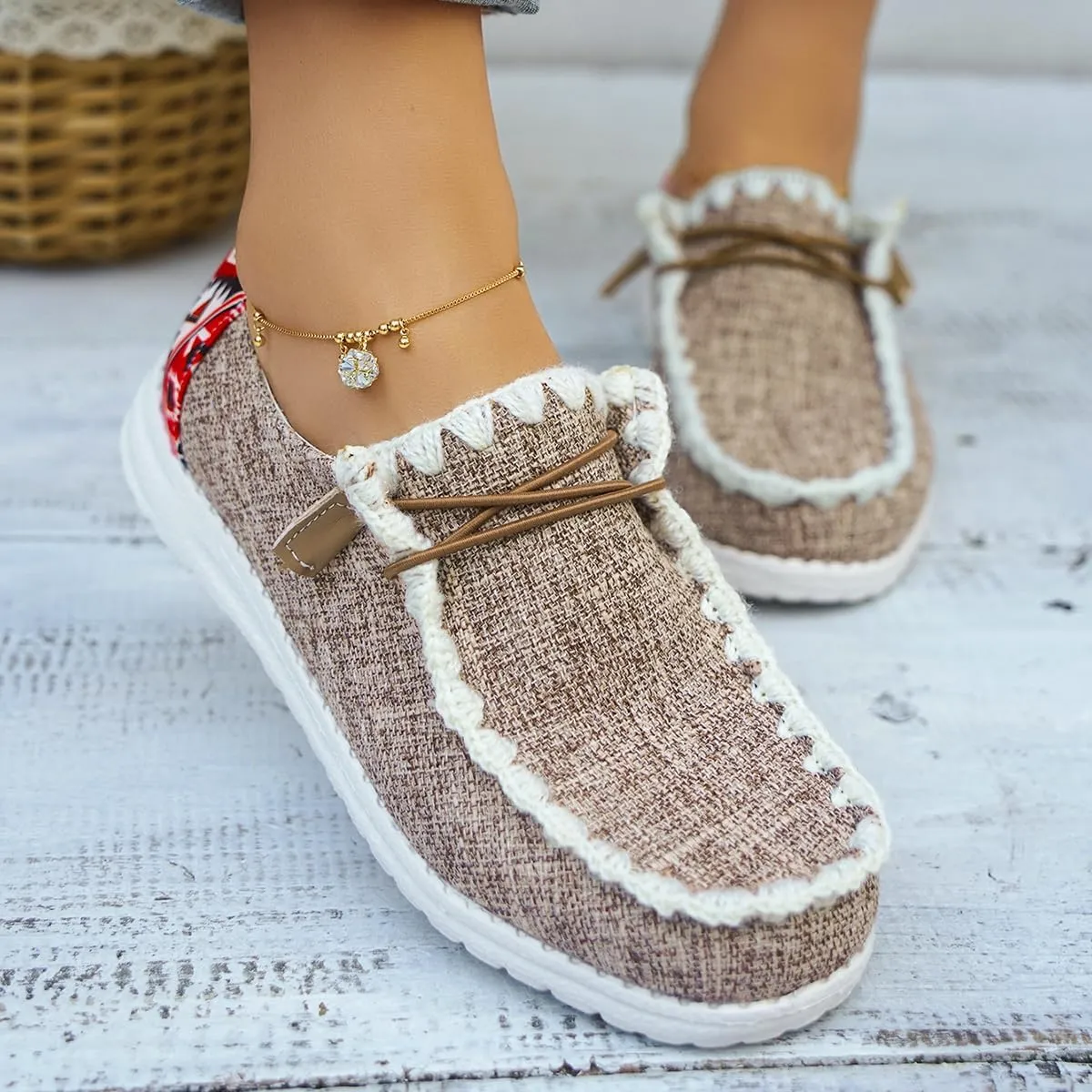 Womens Lace-Up Canvas Lightweight Boat Shoes Casual Comfortable Slip on Knit Loafers Outdoor Walking Low Top Wide Deck Shoes