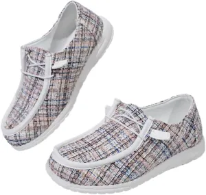 Womens Lace-Up Canvas Lightweight Boat Shoes Casual Comfortable Slip on Knit Loafers Outdoor Walking Low Top Wide Deck Shoes