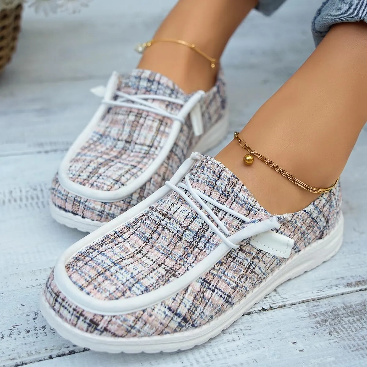 Womens Lace-Up Canvas Lightweight Boat Shoes Casual Comfortable Slip on Knit Loafers Outdoor Walking Low Top Wide Deck Shoes