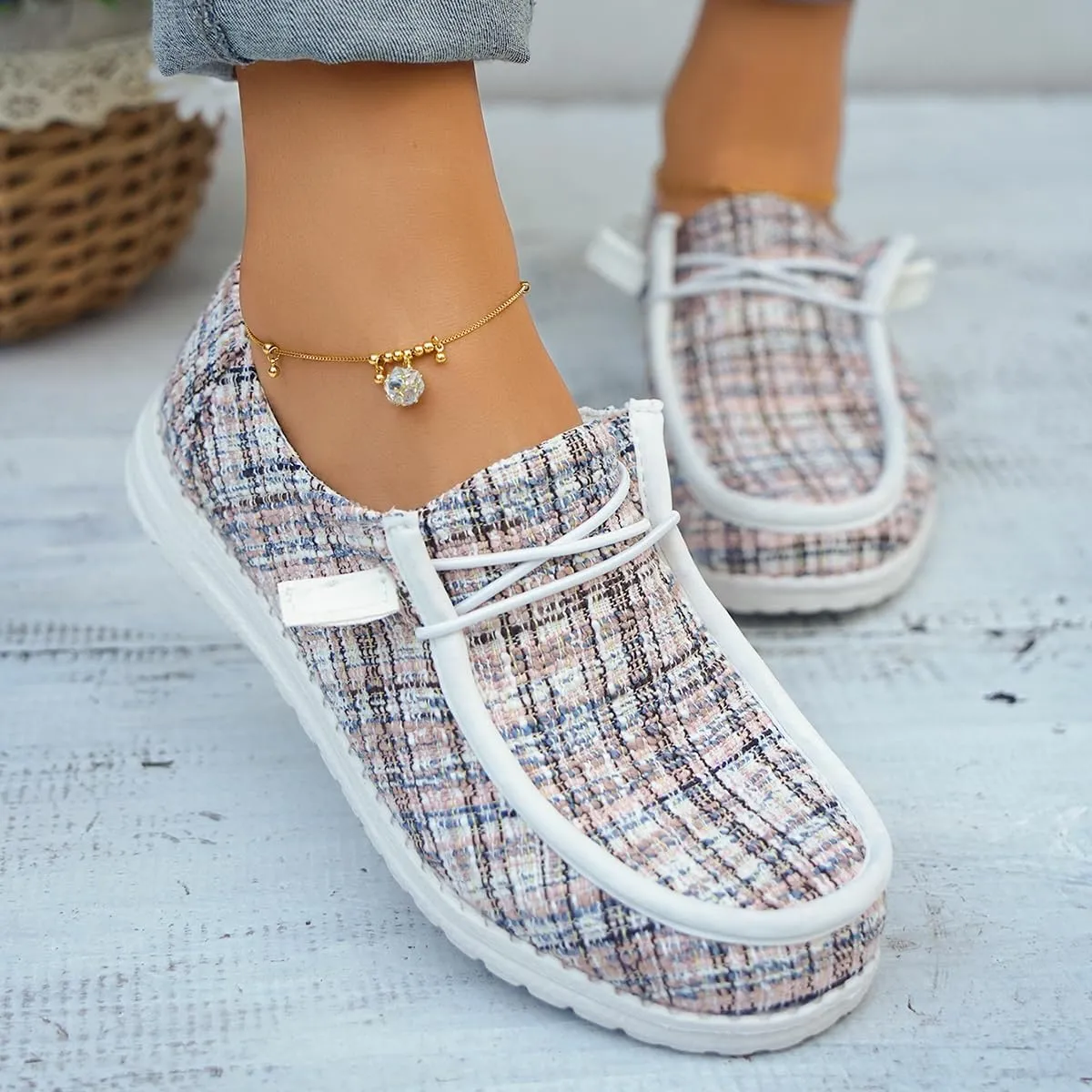 Womens Lace-Up Canvas Lightweight Boat Shoes Casual Comfortable Slip on Knit Loafers Outdoor Walking Low Top Wide Deck Shoes