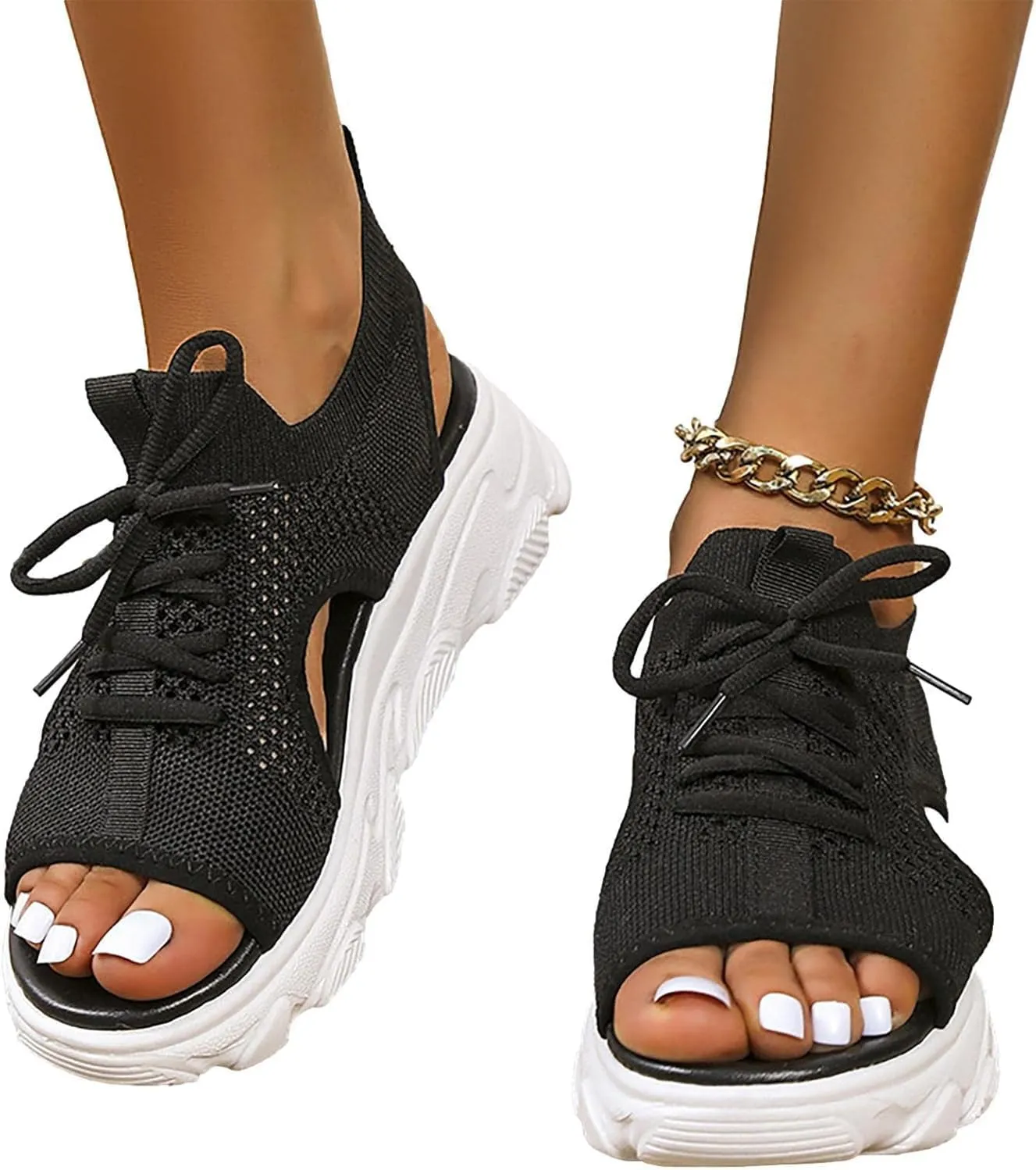 Women's Lace Up Muffin Sandals 2025 Summer Mesh Open Toe Platform Wedge Sandals Casual Thick Soled Beach Comfy Sports Sandals