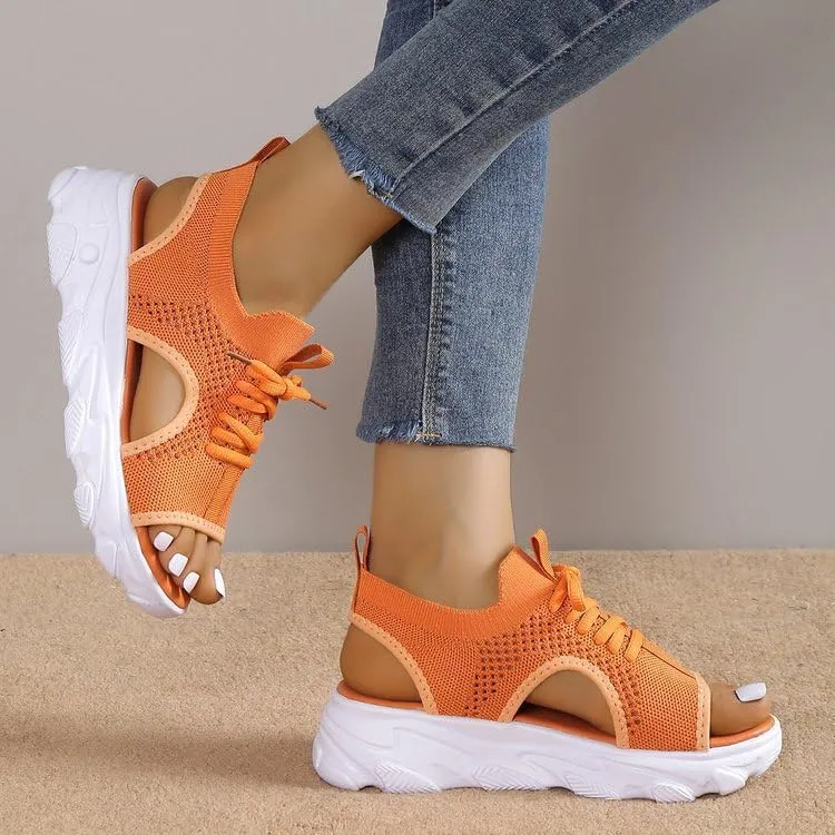 Women's Lace Up Muffin Sandals 2025 Summer Mesh Open Toe Platform Wedge Sandals Casual Thick Soled Beach Comfy Sports Sandals