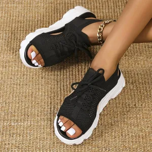 Women's Lace Up Muffin Sandals 2025 Summer Mesh Open Toe Platform Wedge Sandals Casual Thick Soled Beach Comfy Sports Sandals