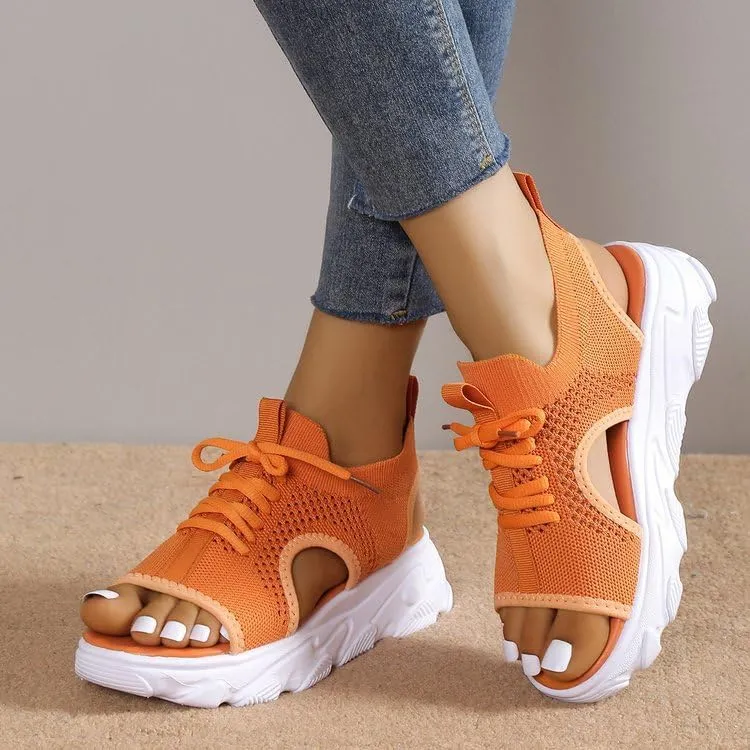 Women's Lace Up Muffin Sandals 2025 Summer Mesh Open Toe Platform Wedge Sandals Casual Thick Soled Beach Comfy Sports Sandals