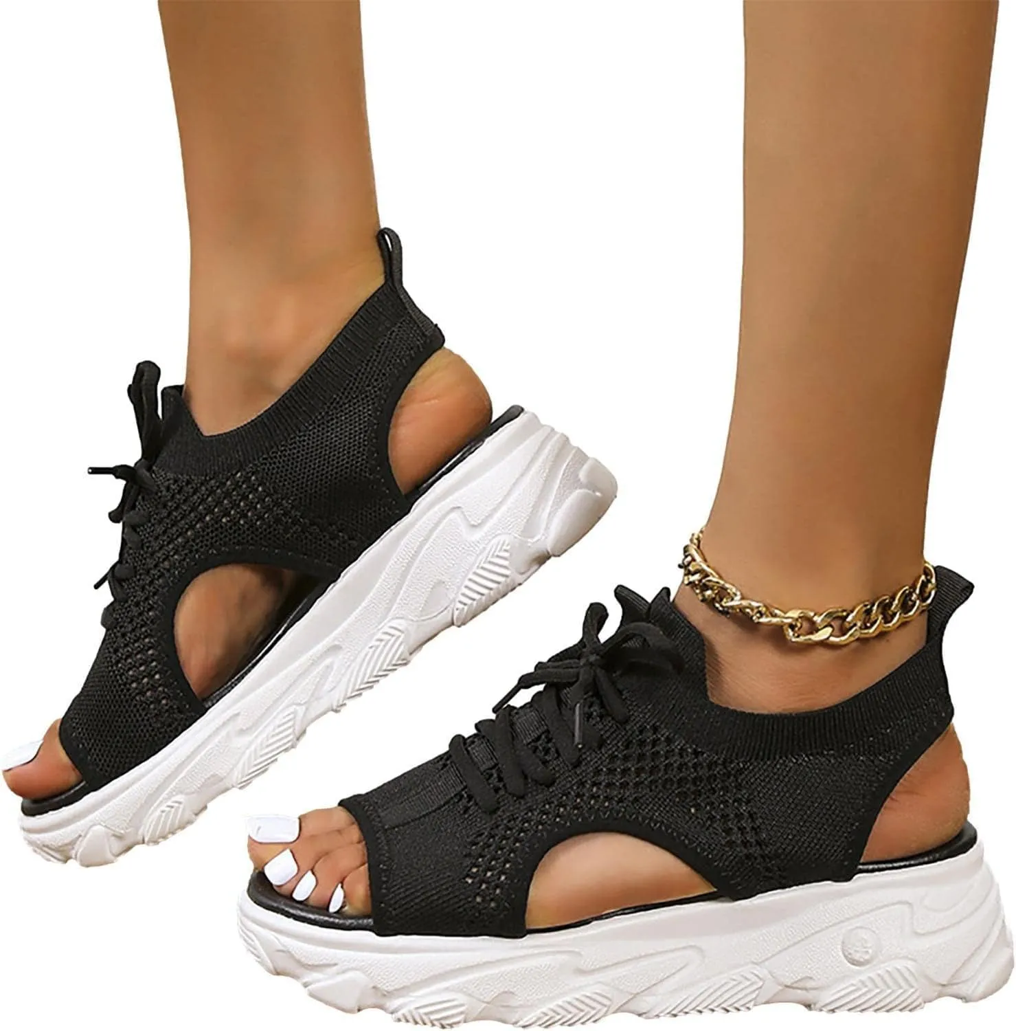 Women's Lace Up Muffin Sandals 2025 Summer Mesh Open Toe Platform Wedge Sandals Casual Thick Soled Beach Comfy Sports Sandals