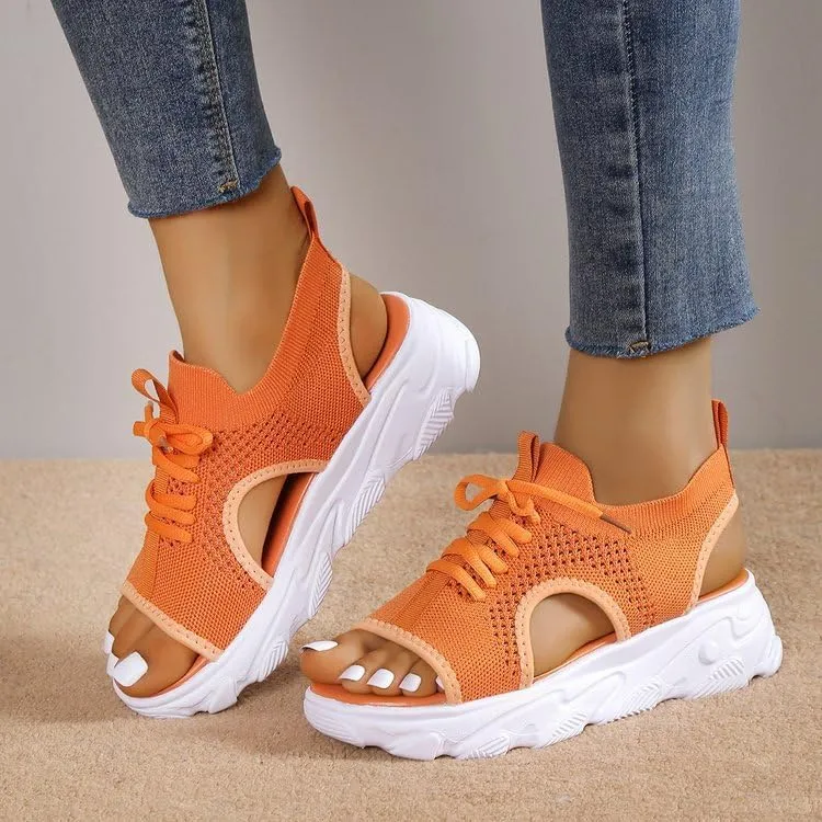 Women's Lace Up Muffin Sandals 2025 Summer Mesh Open Toe Platform Wedge Sandals Casual Thick Soled Beach Comfy Sports Sandals