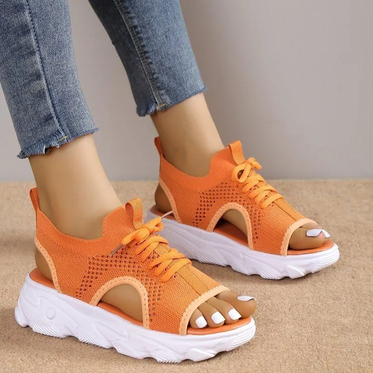 Women's Lace Up Muffin Sandals 2025 Summer Mesh Open Toe Platform Wedge Sandals Casual Thick Soled Beach Comfy Sports Sandals