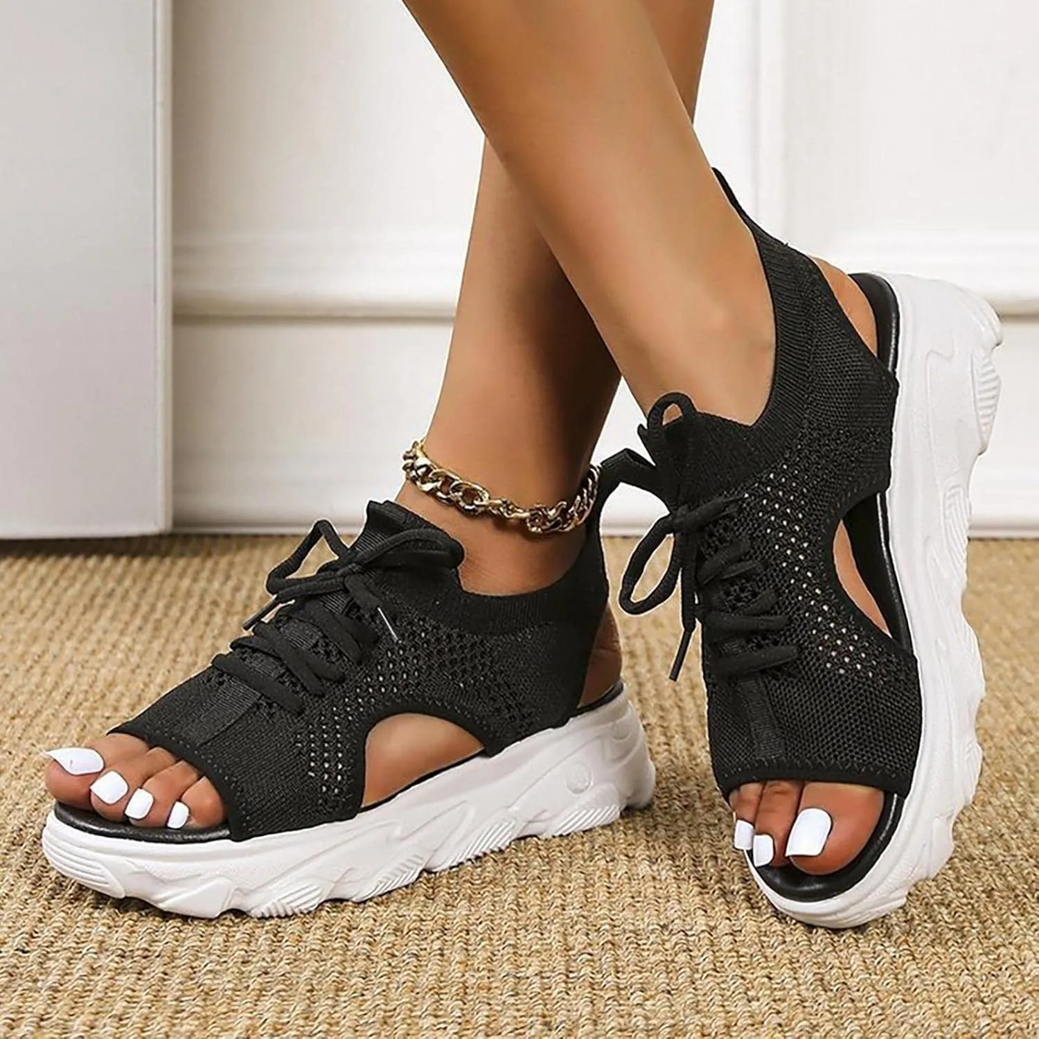 Women's Lace Up Muffin Sandals 2025 Summer Mesh Open Toe Platform Wedge Sandals Casual Thick Soled Beach Comfy Sports Sandals