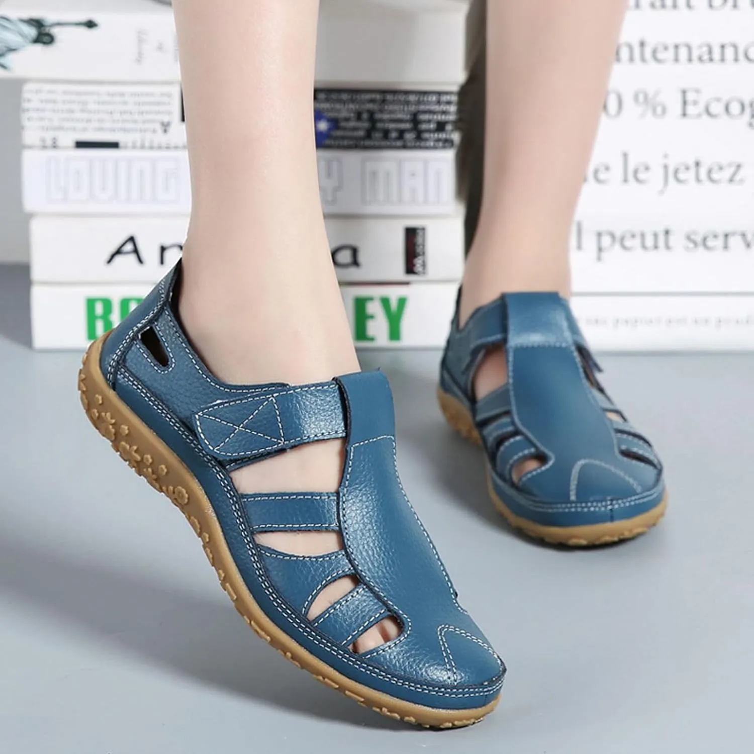 Women's Leather Cutout Hook and Loop Soft Sole Slip On Loafers with Arch Support,Comfortable Breathable Outdoor Walking Shoes Fashion Casual Shoes