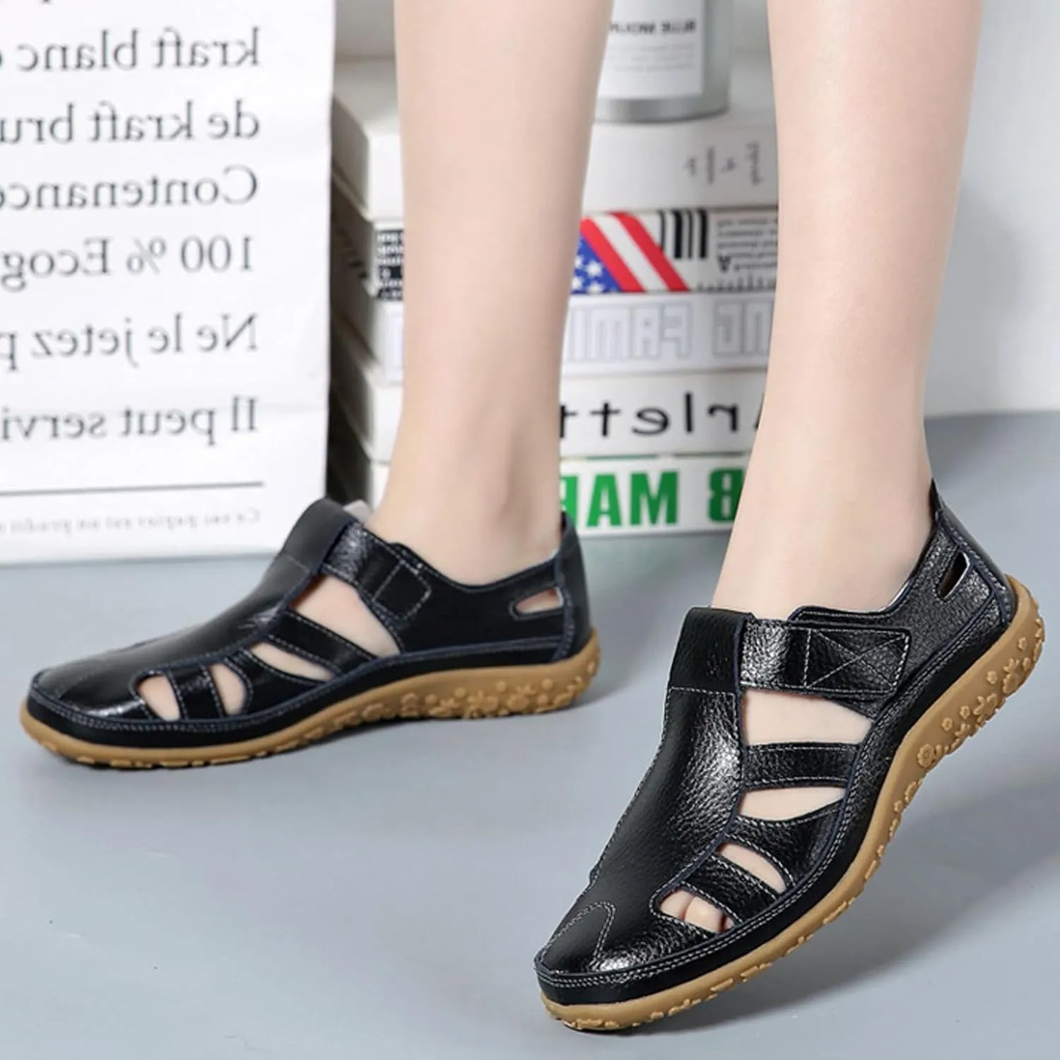 Women's Leather Cutout Hook and Loop Soft Sole Slip On Loafers with Arch Support,Comfortable Breathable Outdoor Walking Shoes Fashion Casual Shoes