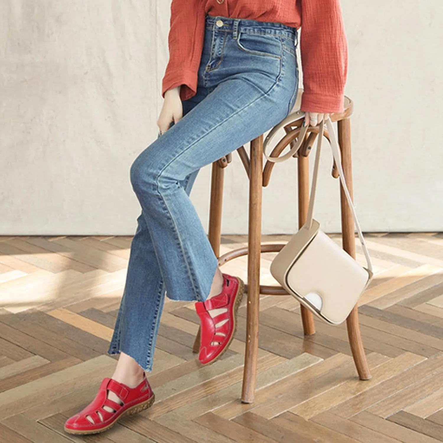 Women's Leather Cutout Hook and Loop Soft Sole Slip On Loafers with Arch Support,Comfortable Breathable Outdoor Walking Shoes Fashion Casual Shoes
