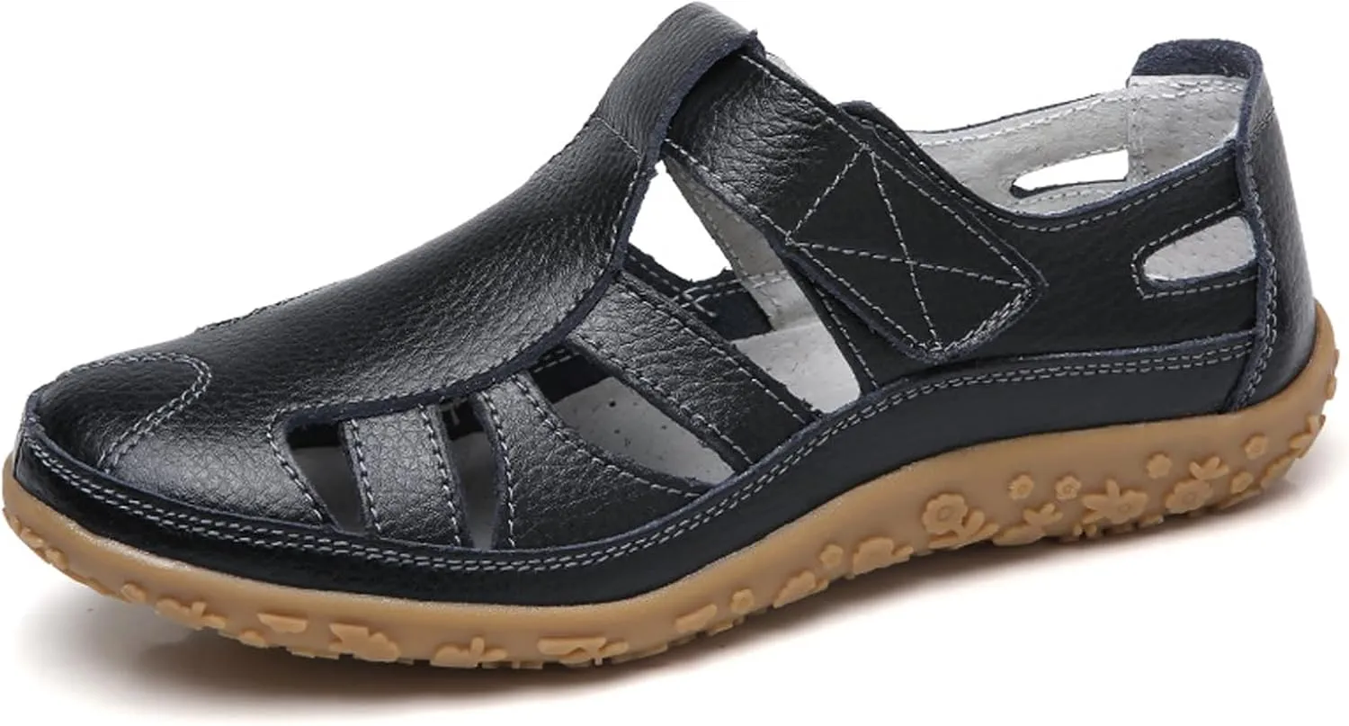 Women's Leather Cutout Hook and Loop Soft Sole Slip On Loafers with Arch Support,Comfortable Breathable Outdoor Walking Shoes Fashion Casual Shoes