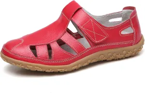 Women's Leather Cutout Hook and Loop Soft Sole Slip On Loafers with Arch Support,Comfortable Breathable Outdoor Walking Shoes Fashion Casual Shoes