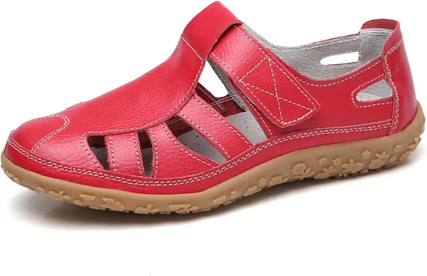 Women's Leather Cutout Hook and Loop Soft Sole Slip On Loafers with Arch Support,Comfortable Breathable Outdoor Walking Shoes Fashion Casual Shoes