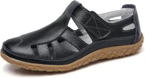 Women's Leather Cutout Hook and Loop Soft Sole Slip On Loafers with Arch Support,Comfortable Breathable Outdoor Walking Shoes Fashion Casual Shoes