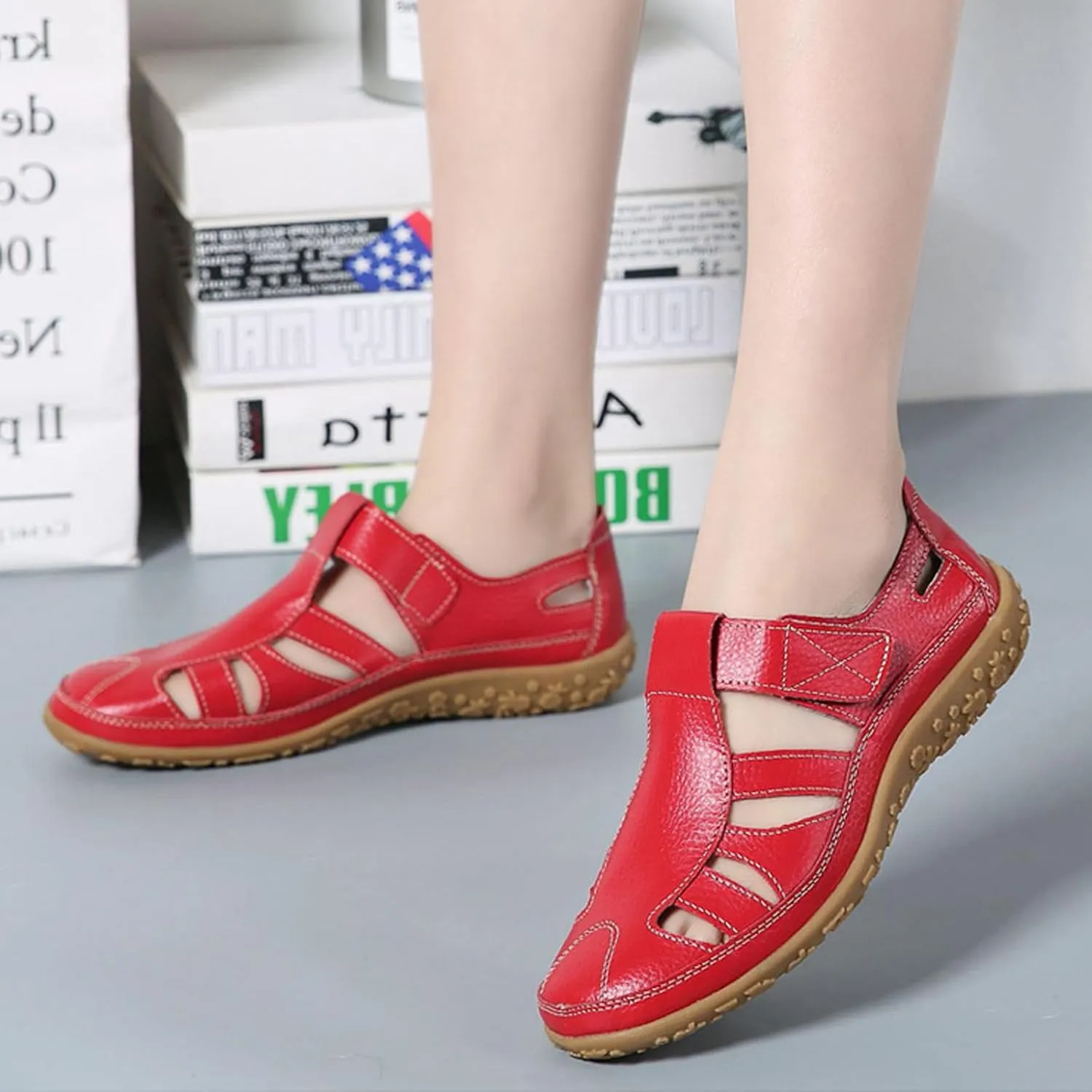 Women's Leather Cutout Hook and Loop Soft Sole Slip On Loafers with Arch Support,Comfortable Breathable Outdoor Walking Shoes Fashion Casual Shoes