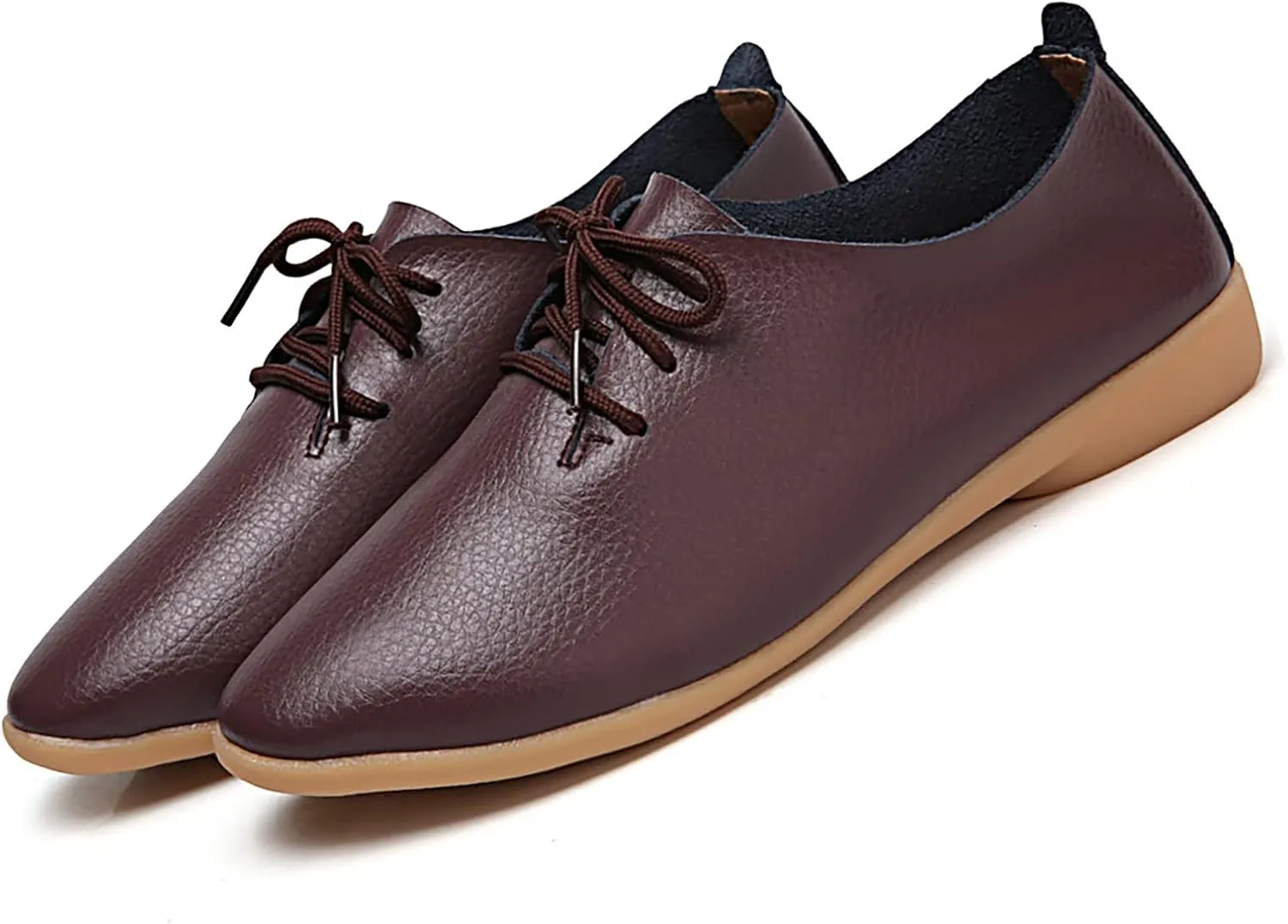 Women's Leather Lace Up Flats Pointed Loafers,Fashion Soft Bottom Low Lightweight Comfort Slip-On Business Formal Work Dress Walking Oxfords Sneakers