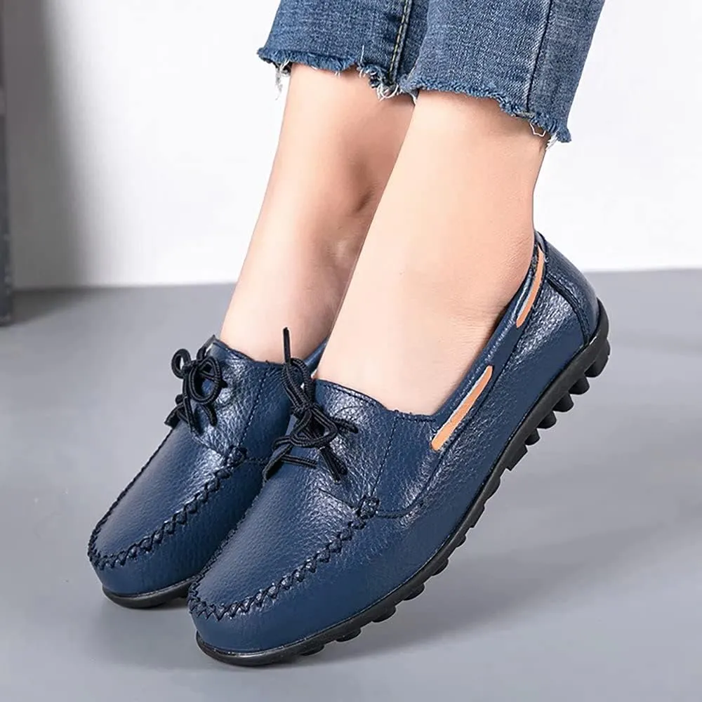 Women's Leather Loafers Driving Moccasins Casual Slip-On Boat Shoes Comfort Walking Flat Loafer for Women Wide Width