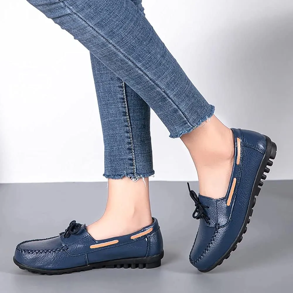 Women's Leather Loafers Driving Moccasins Casual Slip-On Boat Shoes Comfort Walking Flat Loafer for Women Wide Width