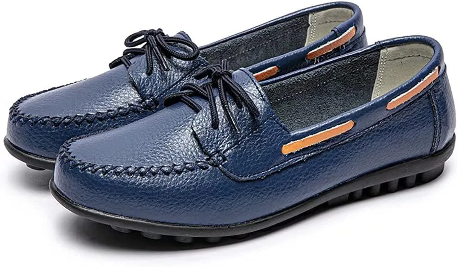 Women's Leather Loafers Driving Moccasins Casual Slip-On Boat Shoes Comfort Walking Flat Loafer for Women Wide Width