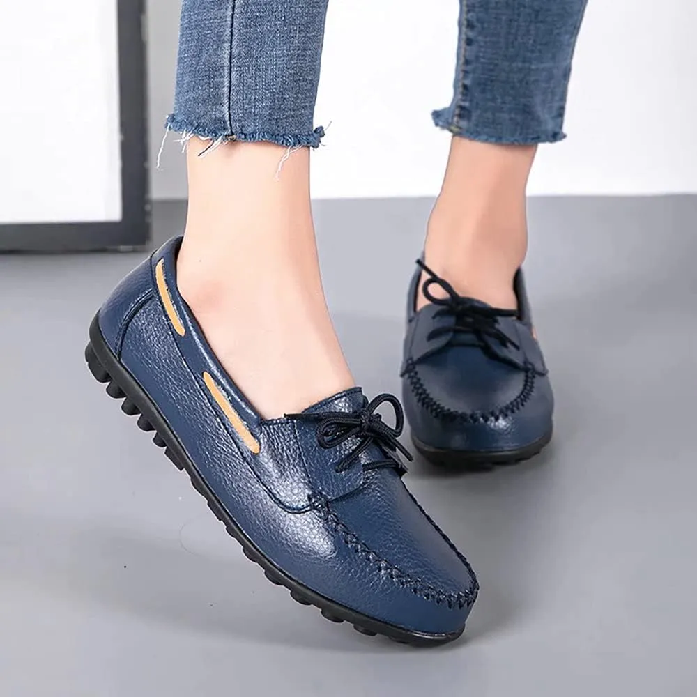 Women's Leather Loafers Driving Moccasins Casual Slip-On Boat Shoes Comfort Walking Flat Loafer for Women Wide Width